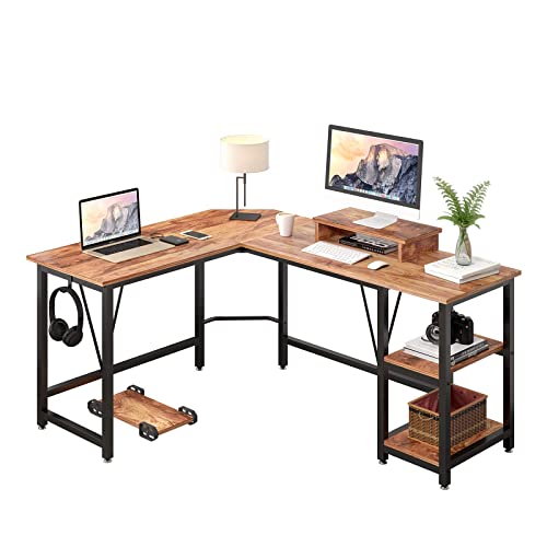 TREETALK Computer desk, L-shaped Corner Desk with 2-Layer Storage,Large PC Laptop Table with Monitor Stand and CPU Stand,Gaming Desk Writing Table for Office Home (Walnut)