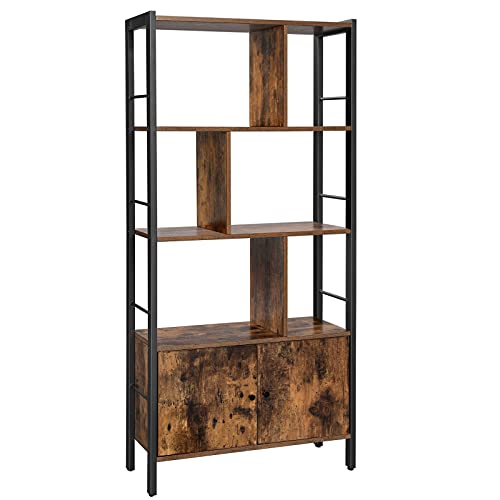 VASAGLE Bookshelf, Storage Shelf, Large Bookcase with Doors, 4 Shelves, Stable Steel Structure, Industrial Style, for Living Room, Office, Rustic Brown and Black LBC022B01