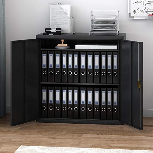 Panana Metal Office Filing Cabinet Tall Storage Cupboard Document Compartments Lockable Double Doors Adjustable Shelves (3 Tier Black)