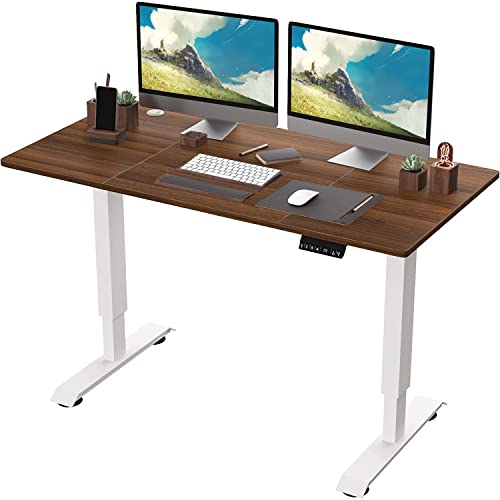 KAIMENG Standing Desk Electric Height Adjustable Desk with 140 cm x 70 cm Desktop Home Office workstation with Heavy Duty Steel and Automatic 4-Memory Smart Keyboard (Brown)